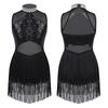 Kids Girls Dance Leotard Sleeveless Mesh Patchwork Sequins Tassel Hem Bodysuit for Latin Jazz Dance