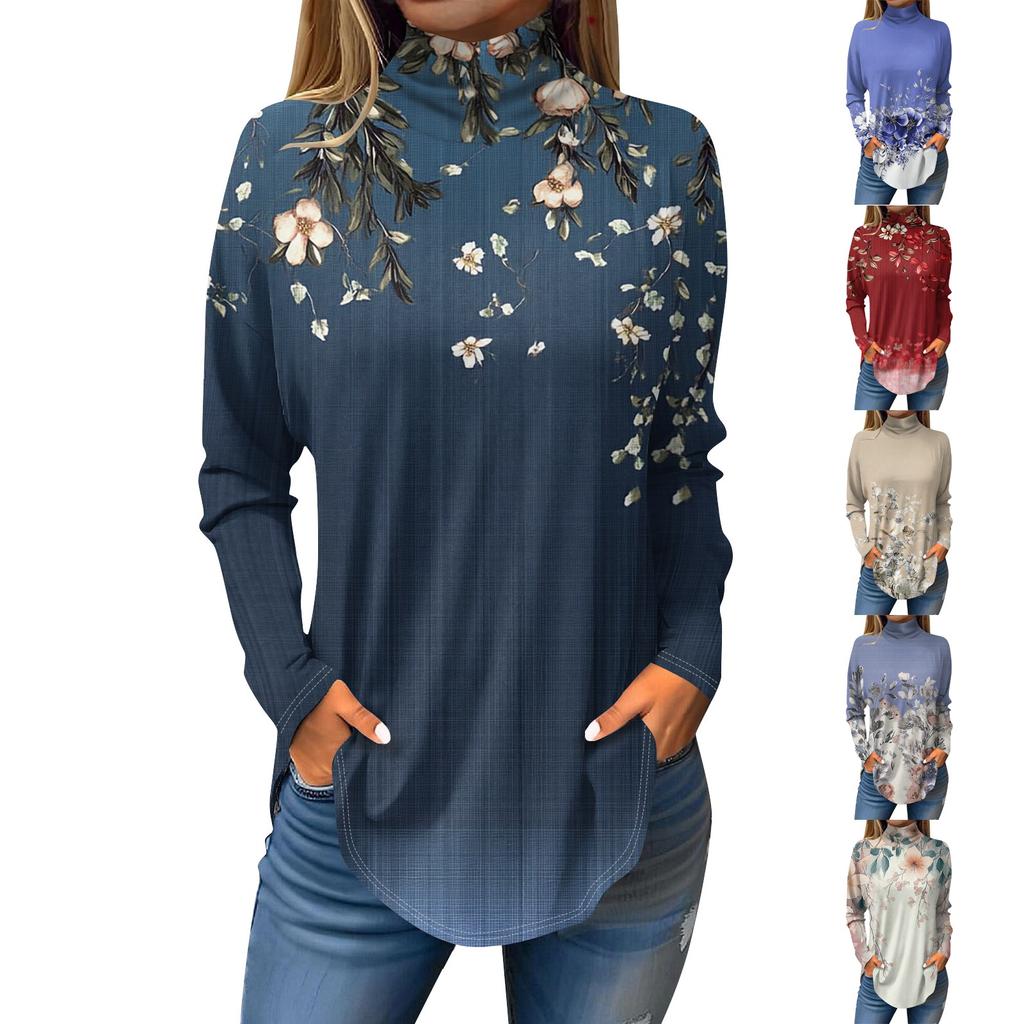 Women's Fashionable Casual High Neck Printed Long Sleeve T-Shirt Pullover Top