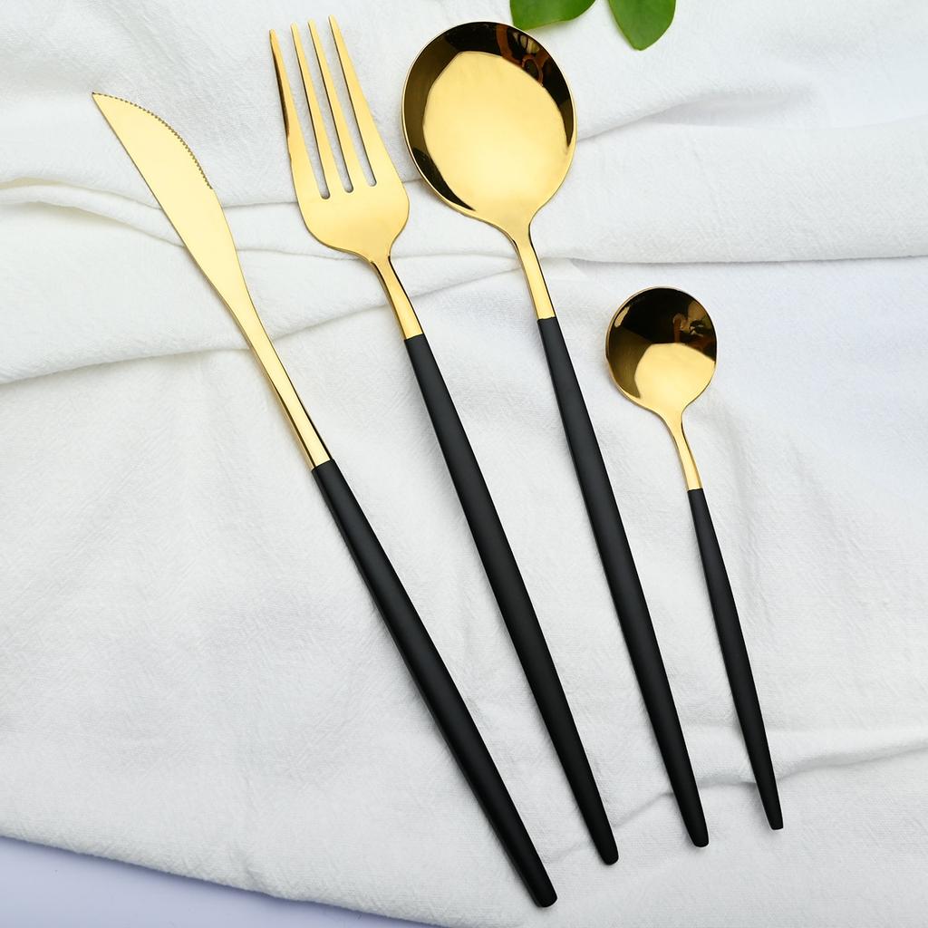 24pcs Black Gold Cutlery Set Mirror Stainless Steel Dinnerware Set Knife Fork Spoon Tableware Flatware Set Dishwasher Safe Kitchen Wedding Accessories