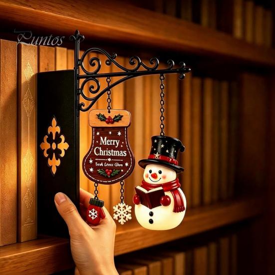 Creative Bookshelf Display Lamp Christmas Hanging Light, Snowman Book Nook Lamp, Metal Decorative Supports Floating Library Lantern Decor, Holiday
