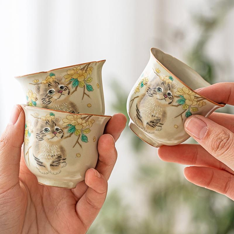 Чайная чашка Ru Kiln Cute Cat, симпатичная керамическая чайная чашка, китайский чайный сервиз Kung Fu, открытая часть, можно хранить в главной чашке
