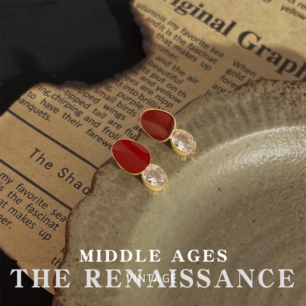 Vintage Burgundy Red Enamel Drop Earrings - Retro French Style Studs