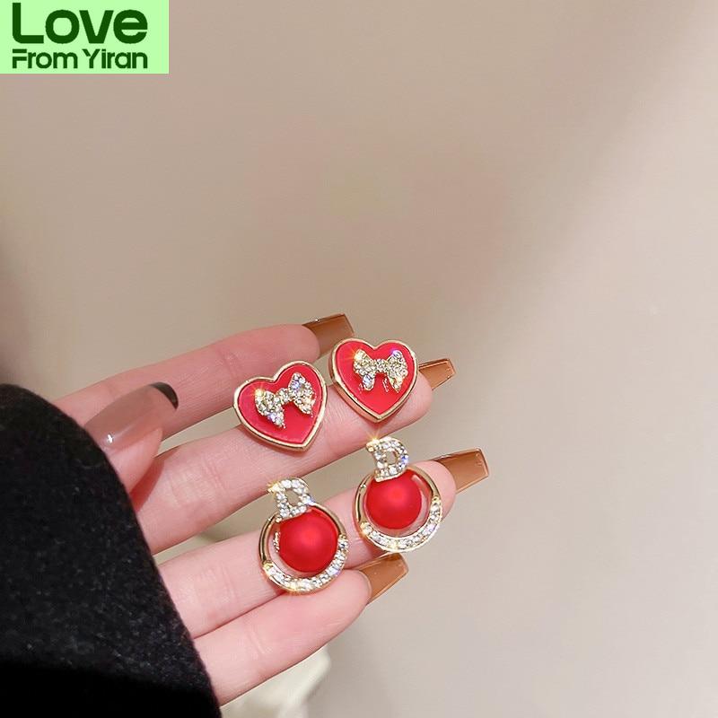 Simple Cute Red Geometric Rhinestones Stud Earrings  New Korean Style Earings Jewelry Wholesale