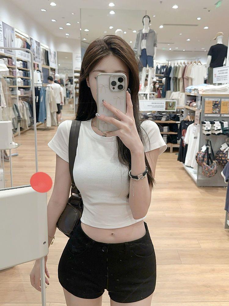 Острый укороченный топ с круглым вырезом и короткими рукавами American Girl - Облегающий крой, Шикарная высокая талия, Летний стиль