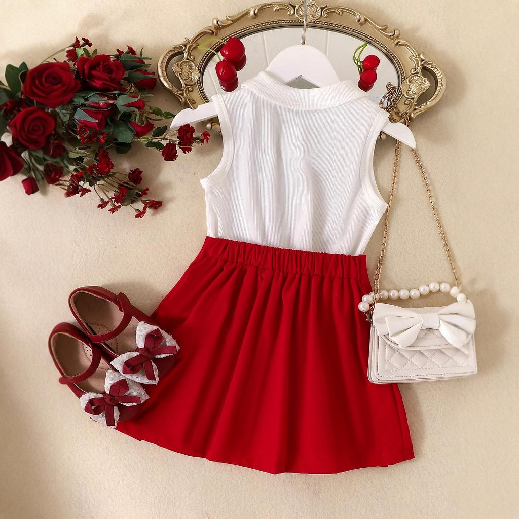 Girls' Casual Suit Summer Children's Fashion Lapel Sleeveless Top Red Pleated Skirt Suit