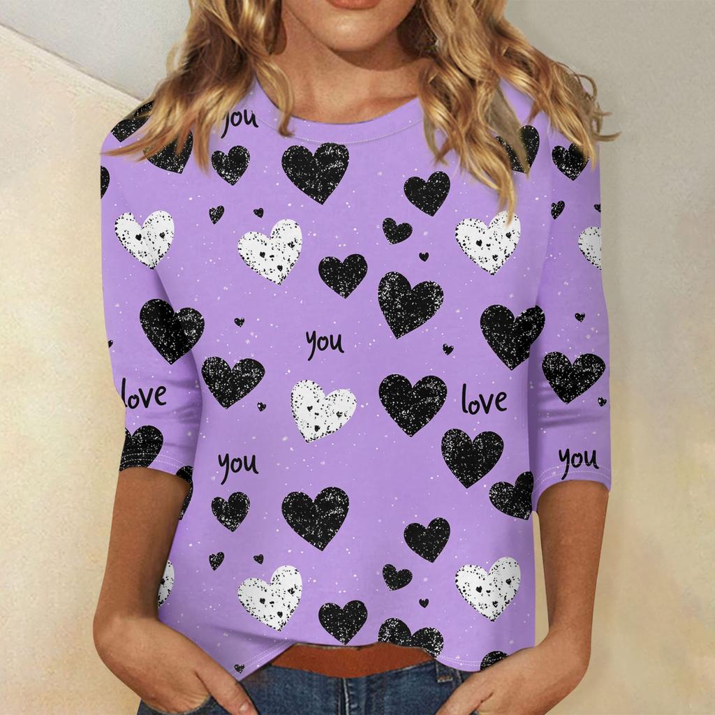 Женские топы с рукавом три четверти, рубашка на День святого Валентина, круглая горловина, свободная повседневная рубашка