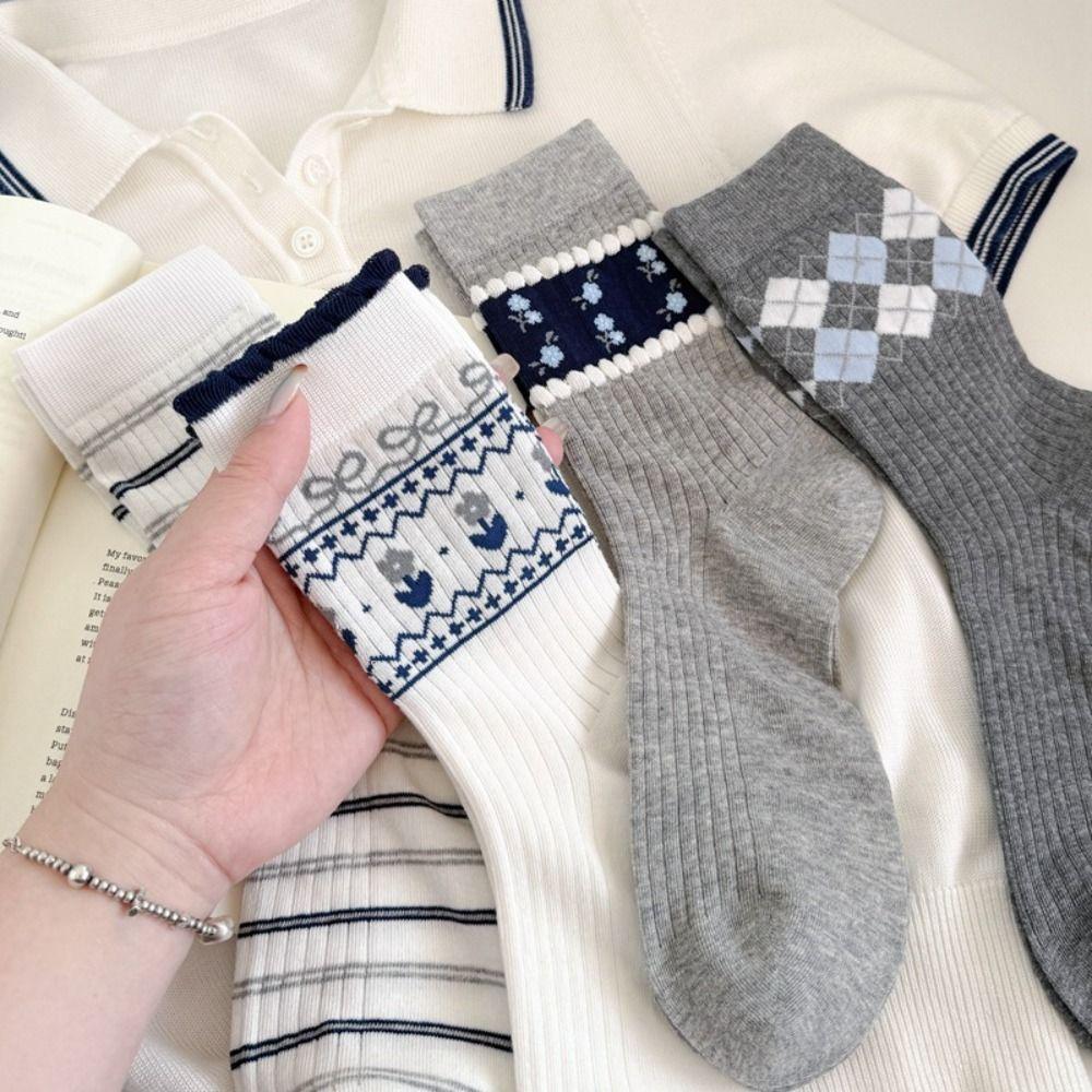 Small Flower Cotton Socks Grey Checkered Boneless Pile Socks New Mid-calf Socks Spring Summer