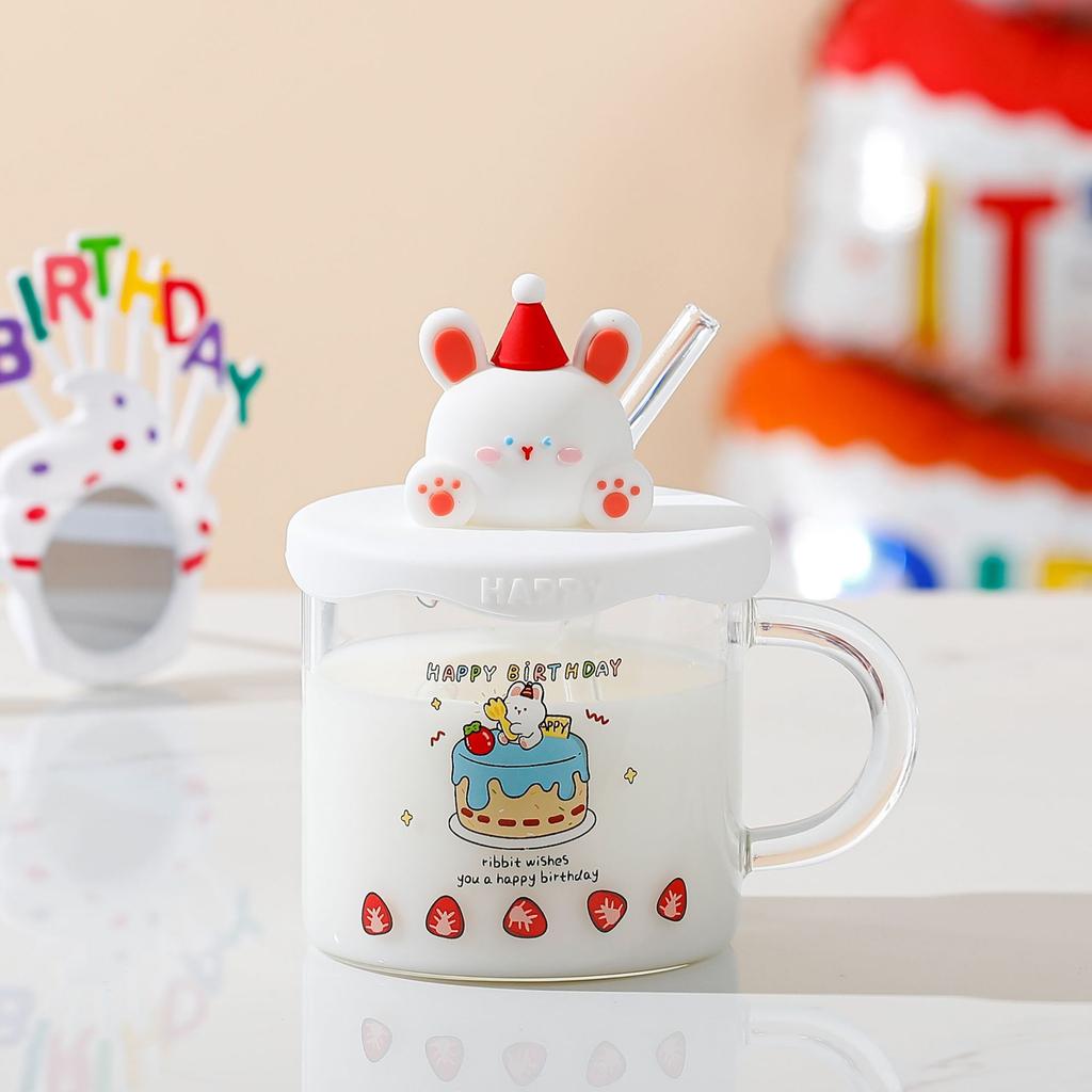 Соломенное стекло из боросиликатного стекла с крышкой и изображением животных, большая емкость для воды, для девочек, высокая термостойкость, простой подарочный набор чашек