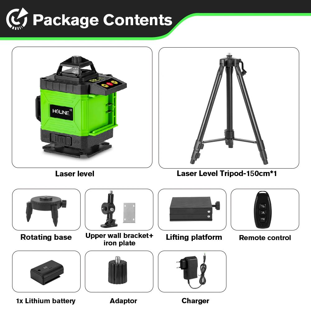 HGLINE 4D 16-линейный лазерный уровень с зеленым светом, лазерный луч, приложение для лазерного уровня, дистанционное управление, горизонтальные и вертикальные уровни, инструменты