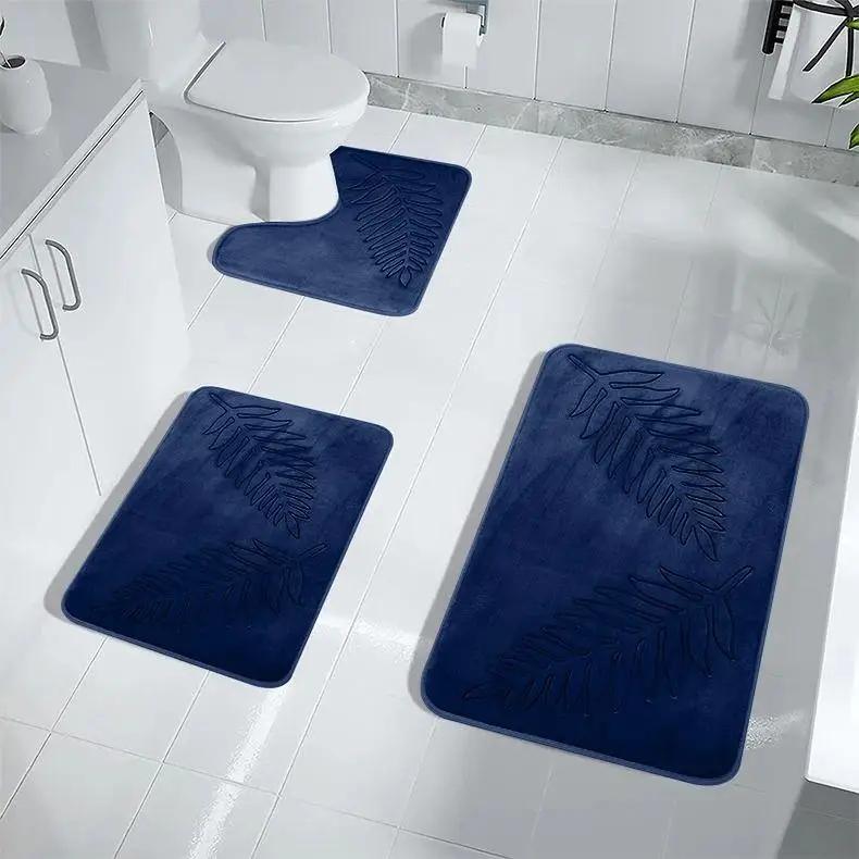 Green Palm Leaf Embossed Bath Mat, Non-slip Absorbent Bathroom Floor Mat, Washable Soft Rug for Shower Room Home Decor