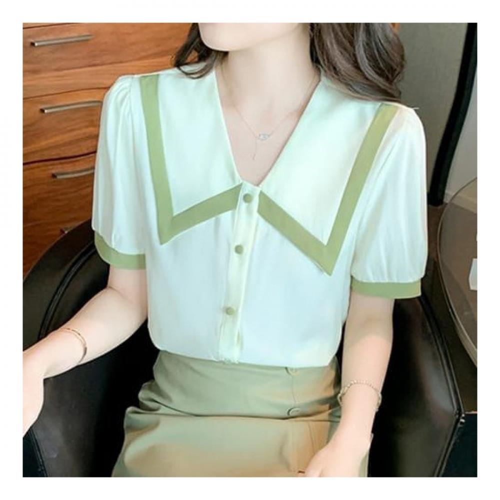 Navava Women Color Block Big Collar Short Sleeve Blouse Nb1976