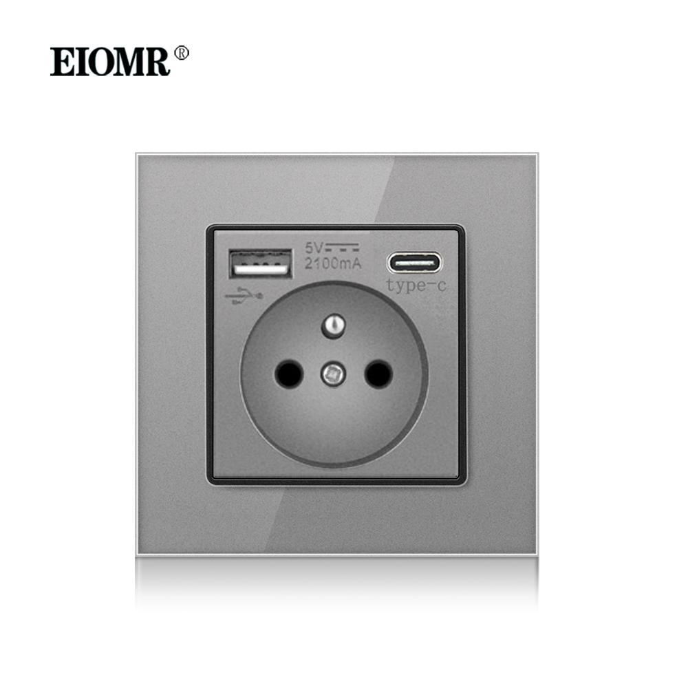 EIOMR Французский Стандартный Настенный Выключатель Розетка Серая Хрустальная Стеклянная Панель с USB 16A 220V Розетка с Заземлением Защита от Детей Дверца