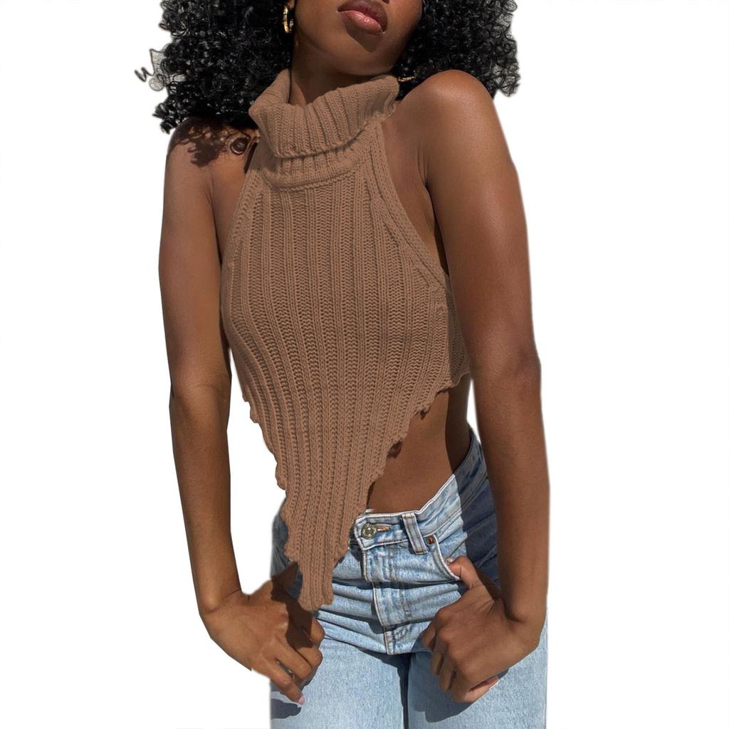 Women's High Neck Irregular Sexy Backless Woolen Knitted Vest Top