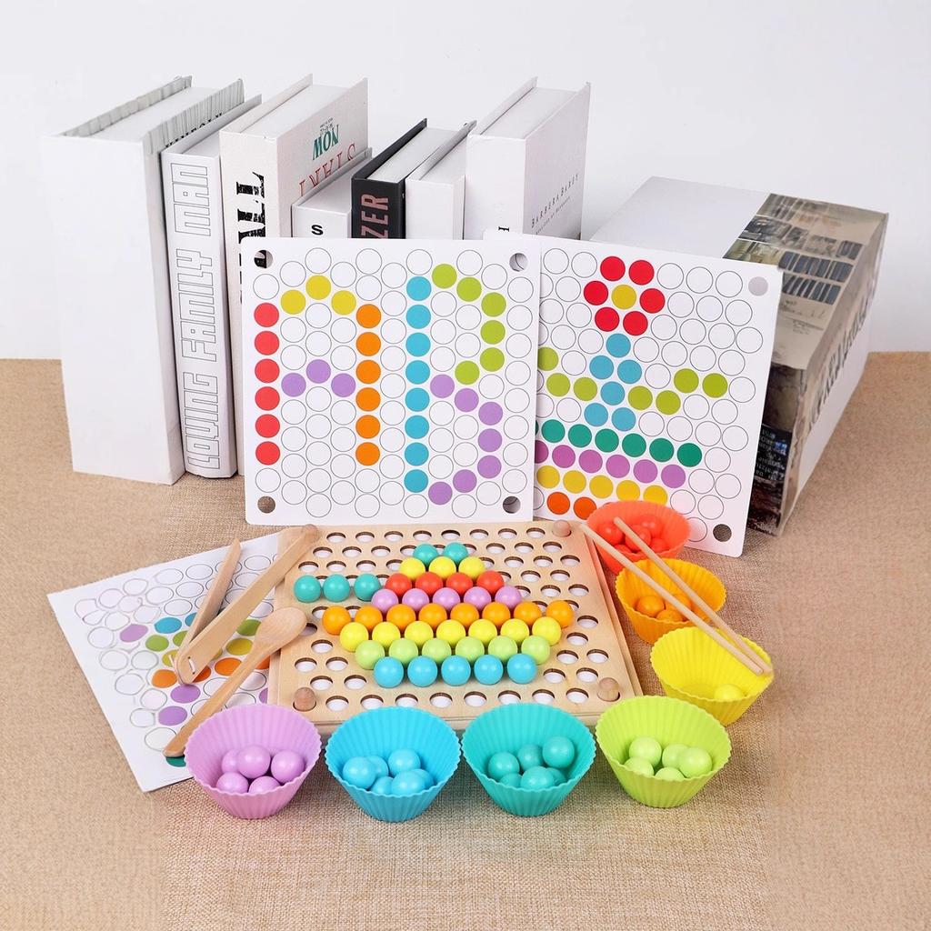 Children's rainbow building block bead puzzle game early education hand-eye coordination training wooden clip ball puzzle parent-child toy