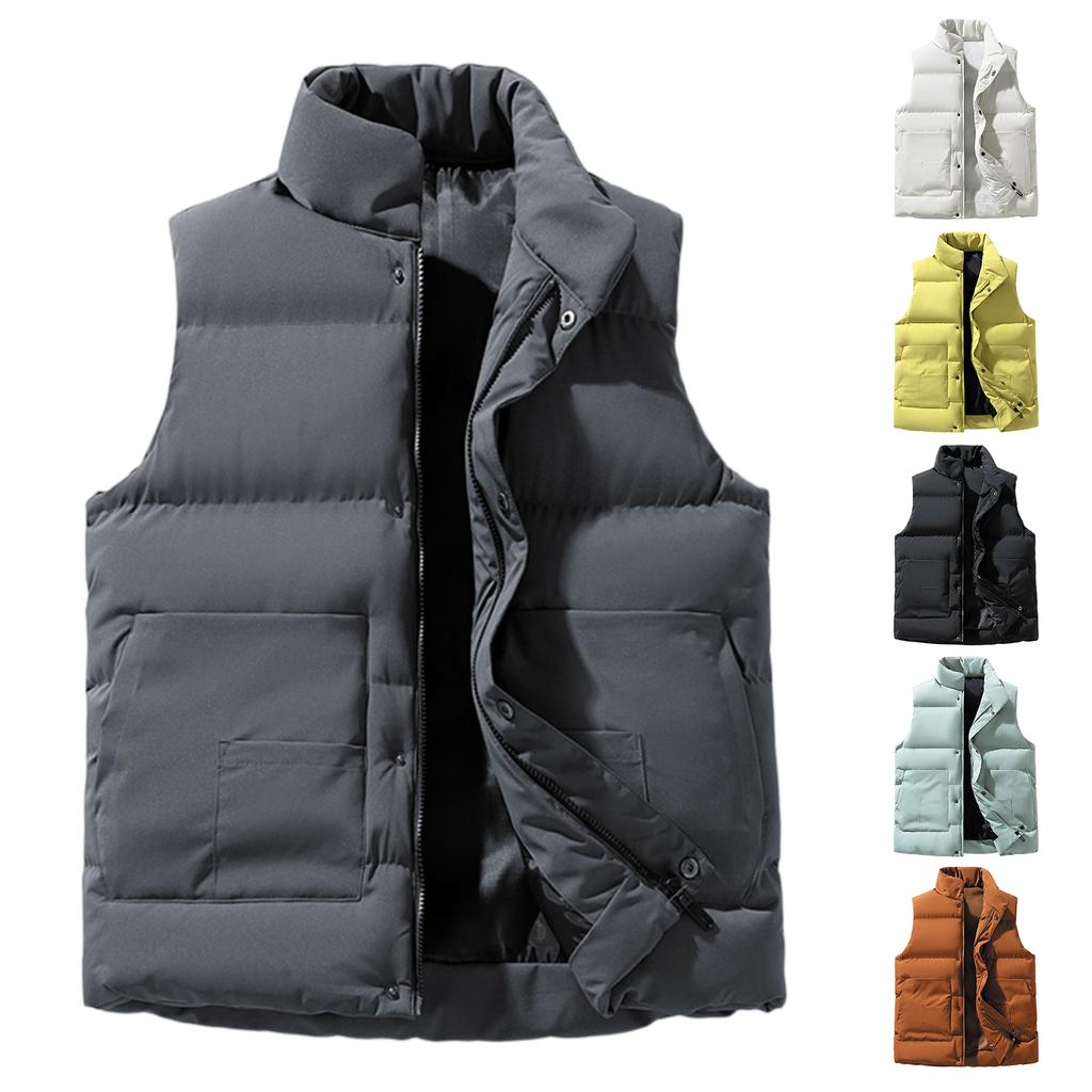 Men's Solid-color Casual Workwear Vest, Men's And Women's Zipper Stand-up Collar Thickened Warm Vest Jacket.