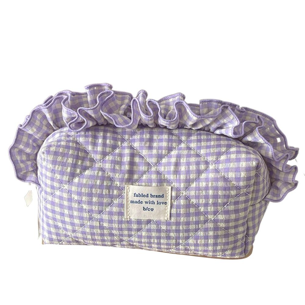 with Zipper Cosmetic Cases Plaid Pattern Toiletry Organizer Sweet Ruffle Makeup Bag Girl