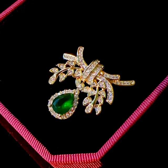 Fashion Classic Geometric Pin Flower Brooch Emerald Bow Water Drop Micro-inlay Zircon Corsage Female Personality Accessories