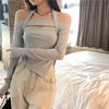 WTEMPO Korean Style Solid Slash Neck Tops Girl's Irregular Long Sleeve Hollow Out Halter Slim Shirts Streetwear