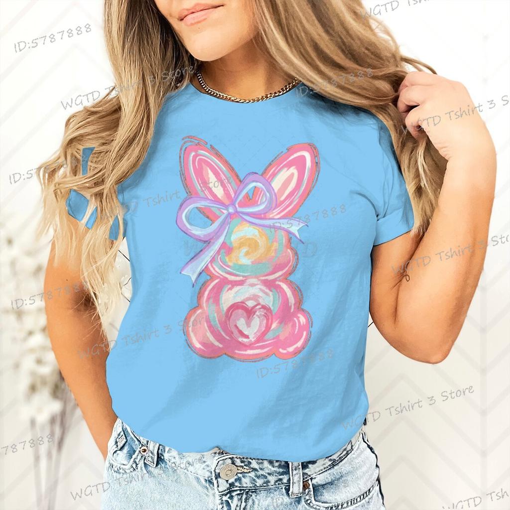 Womens Clothing Cute Bunny Easter Day Gift for Women Bunny Coquette Bow T Shirt Girls Easter Pink Bunny Crew Neck Retro Shirts