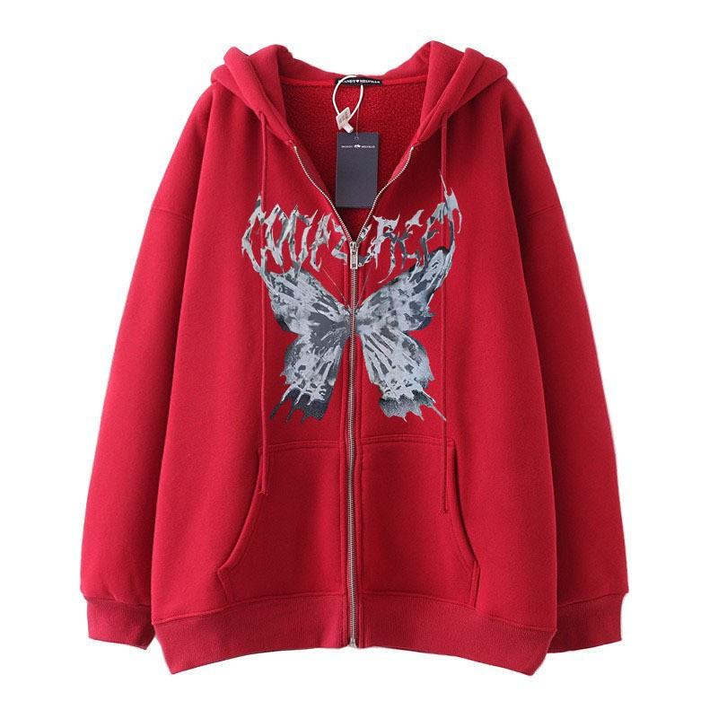 Mens Hooded Zip-Up Sweatshirt With Butterfly Print Gothic Style Loose Fit Winter Casual Wear