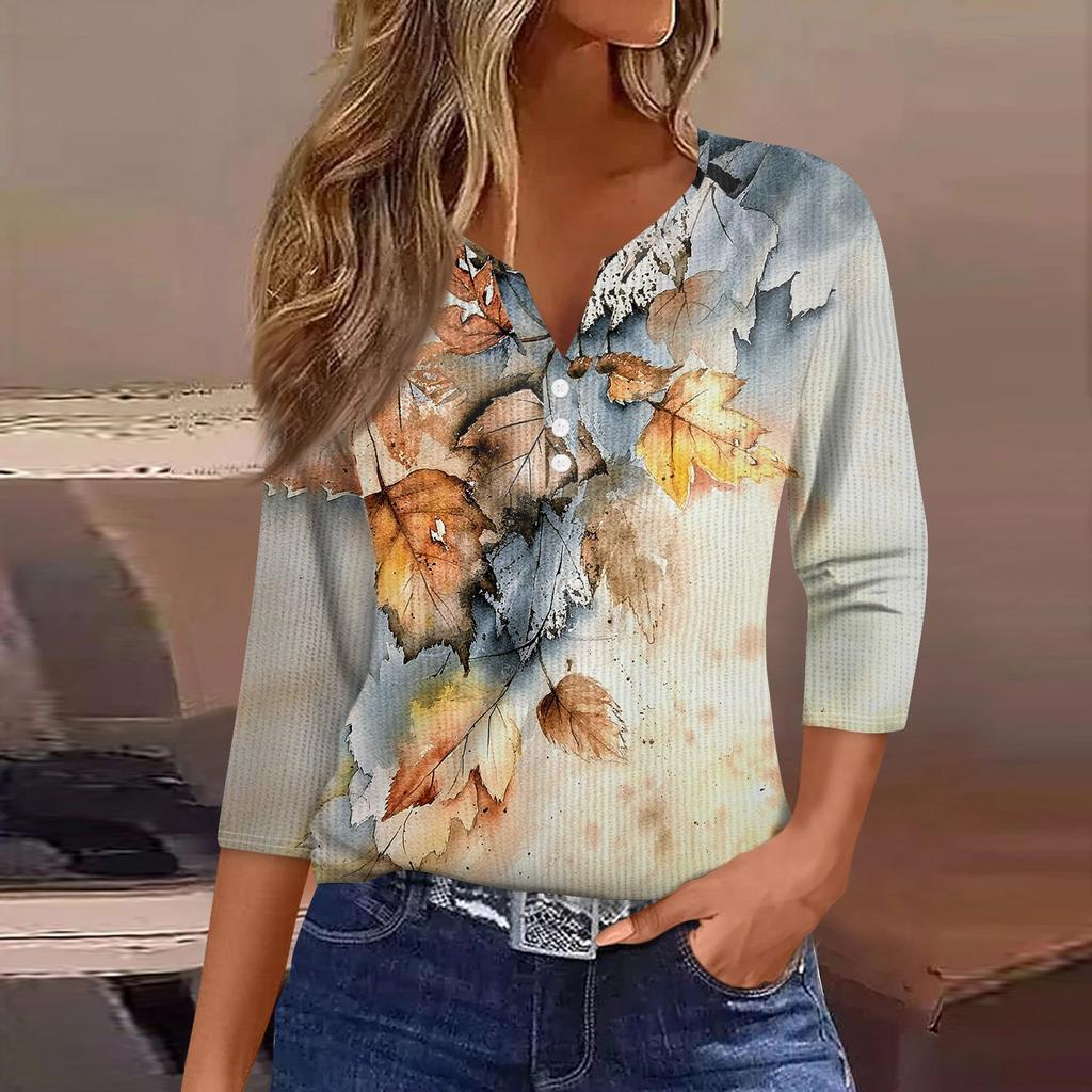 Женская футболка с принтом на пуговицах, рукав 3/4, вязаный свитер, повседневный, модный, на выходные, базовый, с V-образным вырезом, обычный топ
