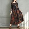 2025 Spring Plus Size Women Long Dress Vintage Loose Casual Long Sleeve Printing New O-Neck Pleated