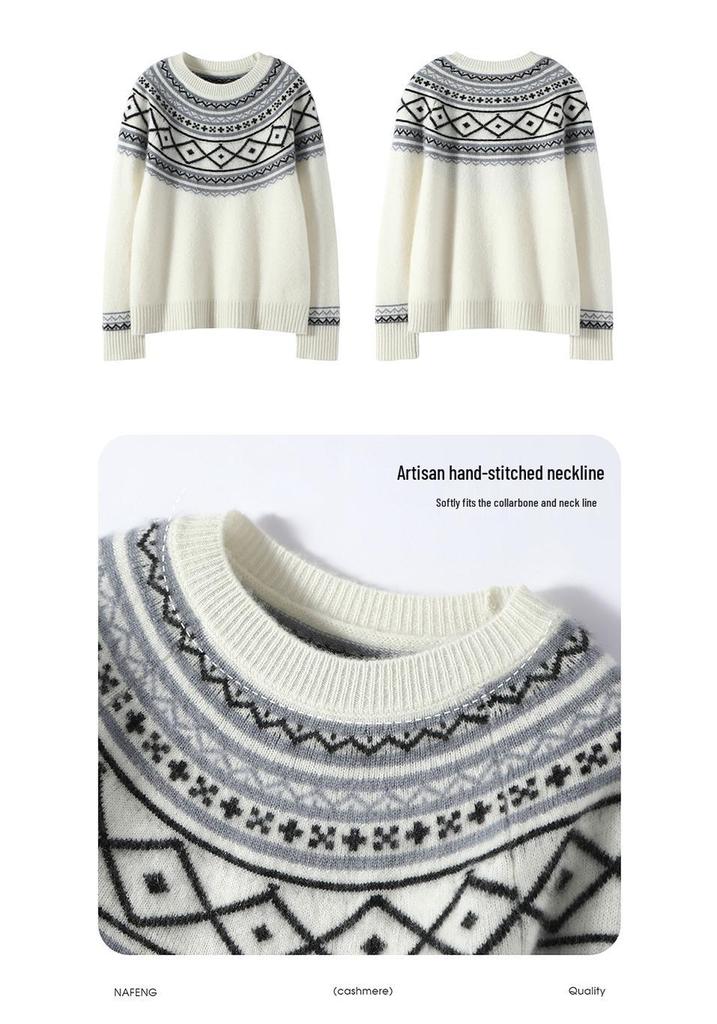 Women's Fair Isle Jacquard Cashmere Sweater - Round Neck, Pullover, Slimming Effect, Knit Base Layer for Autumn/Winter