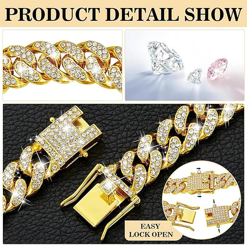 Dog Chain Diamond Link Puppy Collar 12mm Width Necklace with Safety Buckle, Accessories Small/Medium/Large Dogs Pet Cuban Style