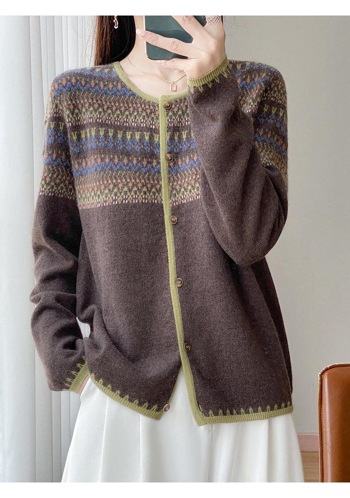 Retro Contrast Color Silk Wool Jacquard Cardigan - Women's Loose Long Sleeve Knit Top