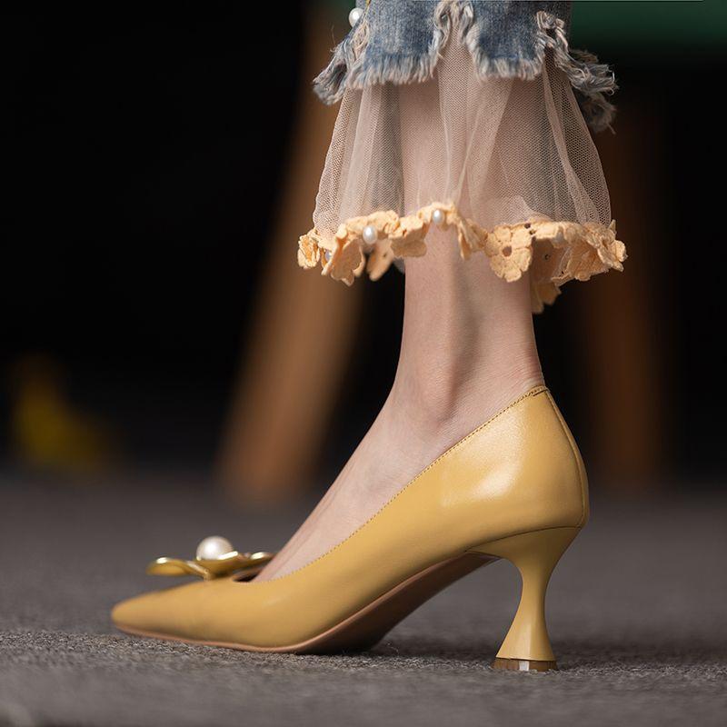 Женская летняя обувь на каблуке Желтые туфли для женщин 2024 Туфли-лодочки на высоком каблуке с острым носком Вечерние туфли на каблуке со скидкой Распродажа