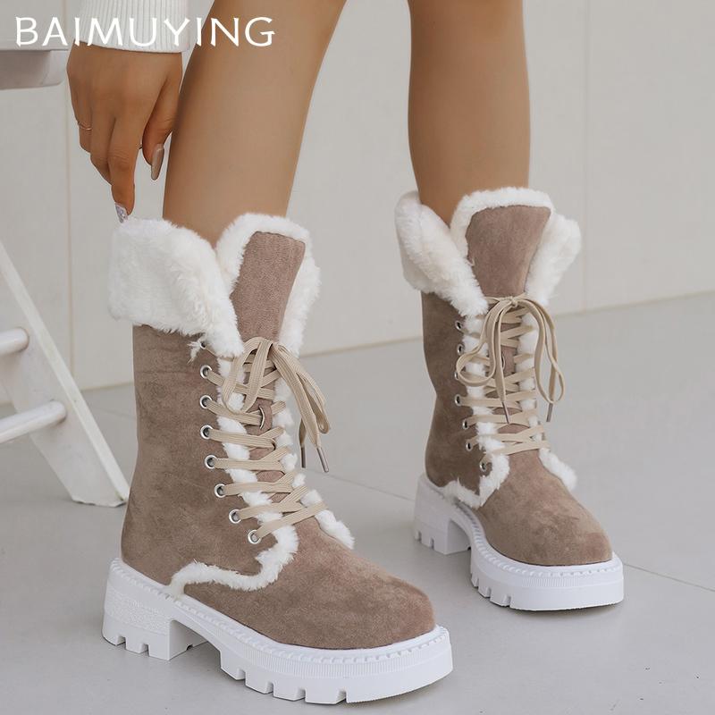 Женские замшевые сапоги на платформе до середины голени, меховые, со шнуровкой, на среднем каблуке, хлопковые туфли, тренд 2025 года, теплые, короткие, плюшевые, зимние ботинки для женщин