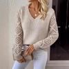 Spring and Autumn Knitted Sweater Foreign Trade Women's Clothing Temperament V-neck Hollow Long-sleeved Solid Color Casual Top