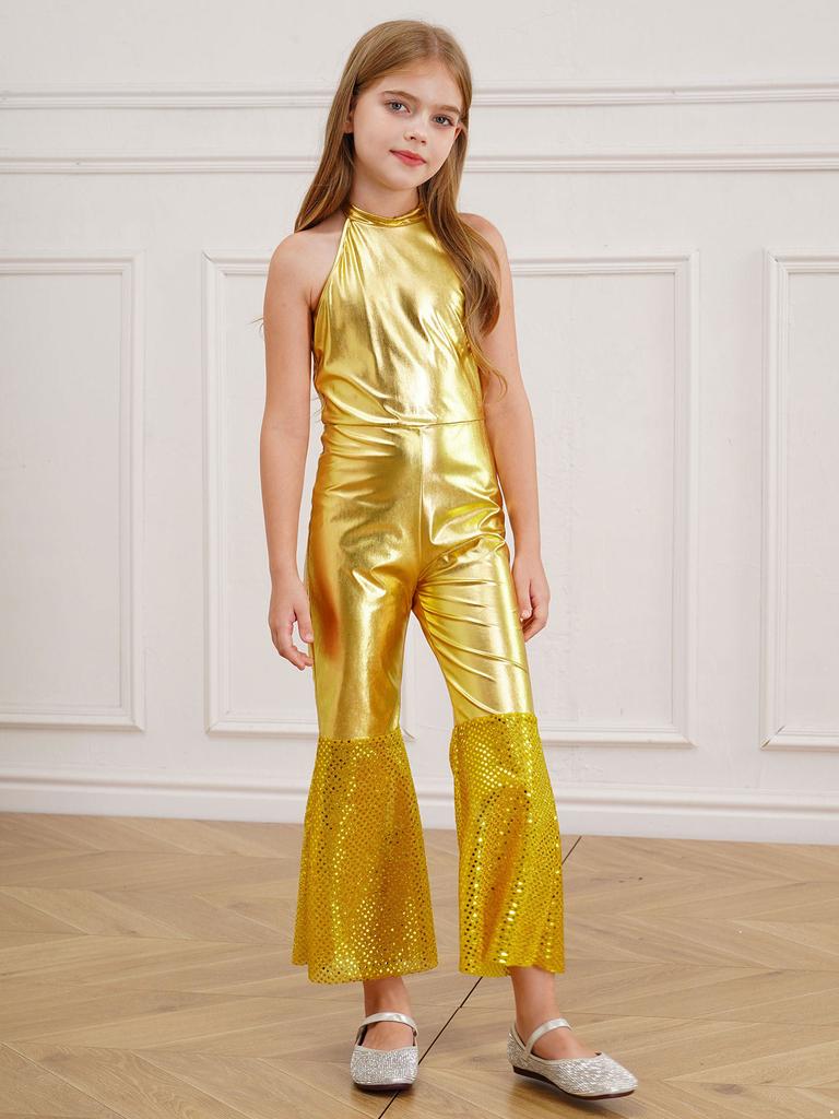 Girl Fancy Dress Up Metallic Sequins Movie Star Singer Bodysuit 70s Disco Dance Retro Cosplay Jumpsuit High Waist Jazz Dancewear