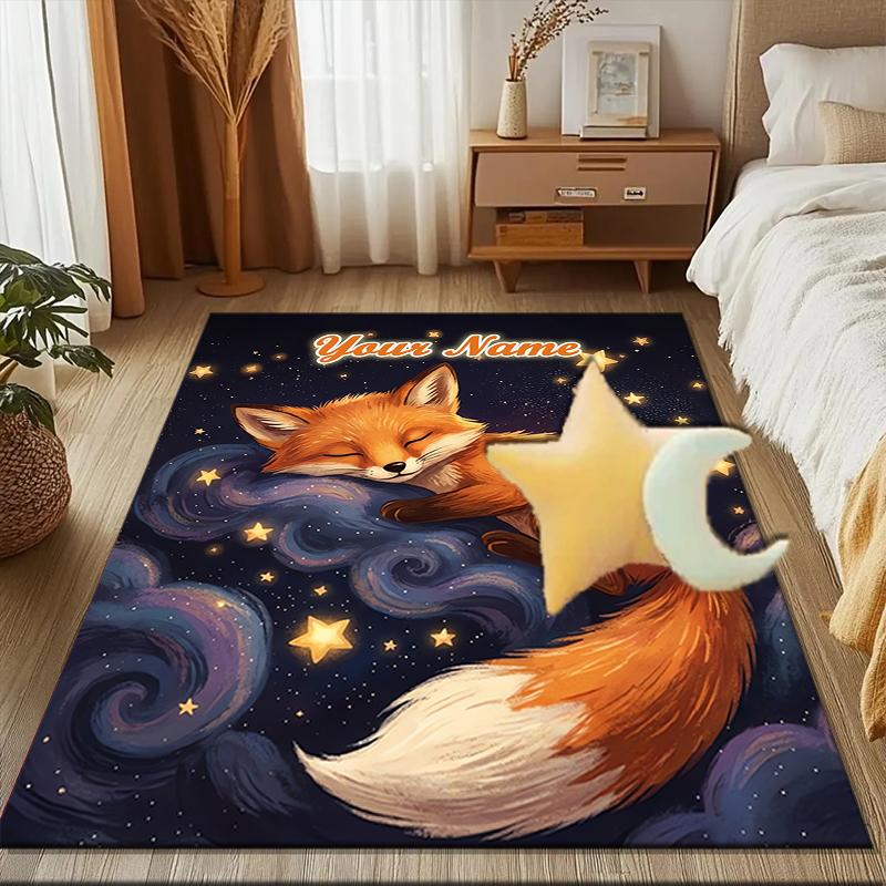 1PC Custom Name Fox Dreams Stars Theme Floor Mat Ideal for Living Room, Game Rooms, Office, Bedroom, Floor Mat Playful Design