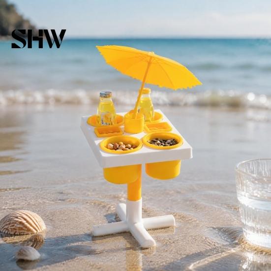 Camping Drink Holder Beach Snack & Table, 3D Printed Sand Table with 6 Compartments, Proof Tray Portable Mini Beverage Slots for Outdoor Picnic