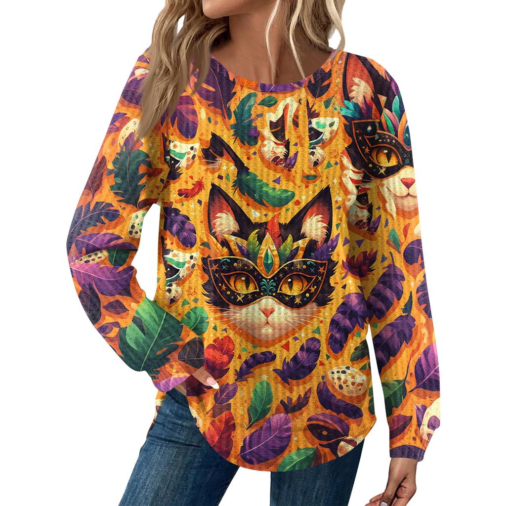 Women's Fashion  Loose Long Sleeve Carnival Print  Round Neck Casual Top