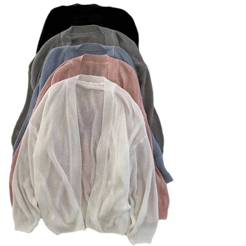 Корейский шик однотонный - цветной ленивый и свободный тонкий верхняя одежда универсальный летний солнцезащитный крем лед - шелковый вязаный кардиган для женщин