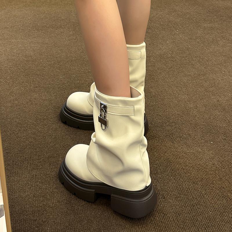 Весенняя и осенняя женская обувь 2024 года, новые однотонные туфли до середины голени с круглым носком, женские модные ботинки на высоком каблуке и рукавами