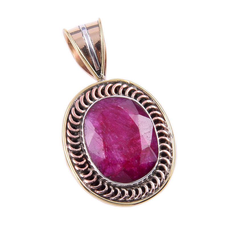 Red Ruby(Simulated) Handmade 925 Sterling Silver Two Tone Pendant 1.50" J8W48