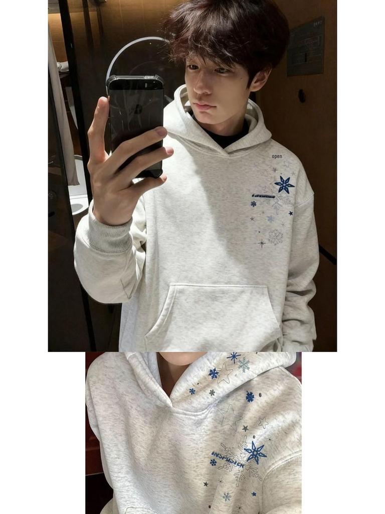 Unisex Retro Snowflake Embroidered Hooded Sweatshirt - Casual Loose Fit for Autumn/Winter