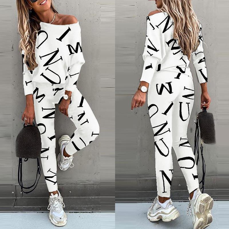 GMXIA Autumn Women's Long-sleeved and Long-pants Casual Set with Letter Prints