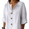 Women Shirt V-Neck 3/4 Sleeve Loose Fit Pullover Tops Buttons Decor Breathable Casual Tops Daily Wear