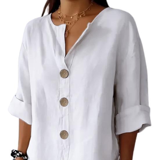 Women Shirt V-Neck 3/4 Sleeve Loose Fit Pullover Tops Buttons Decor Breathable Casual Tops Daily Wear