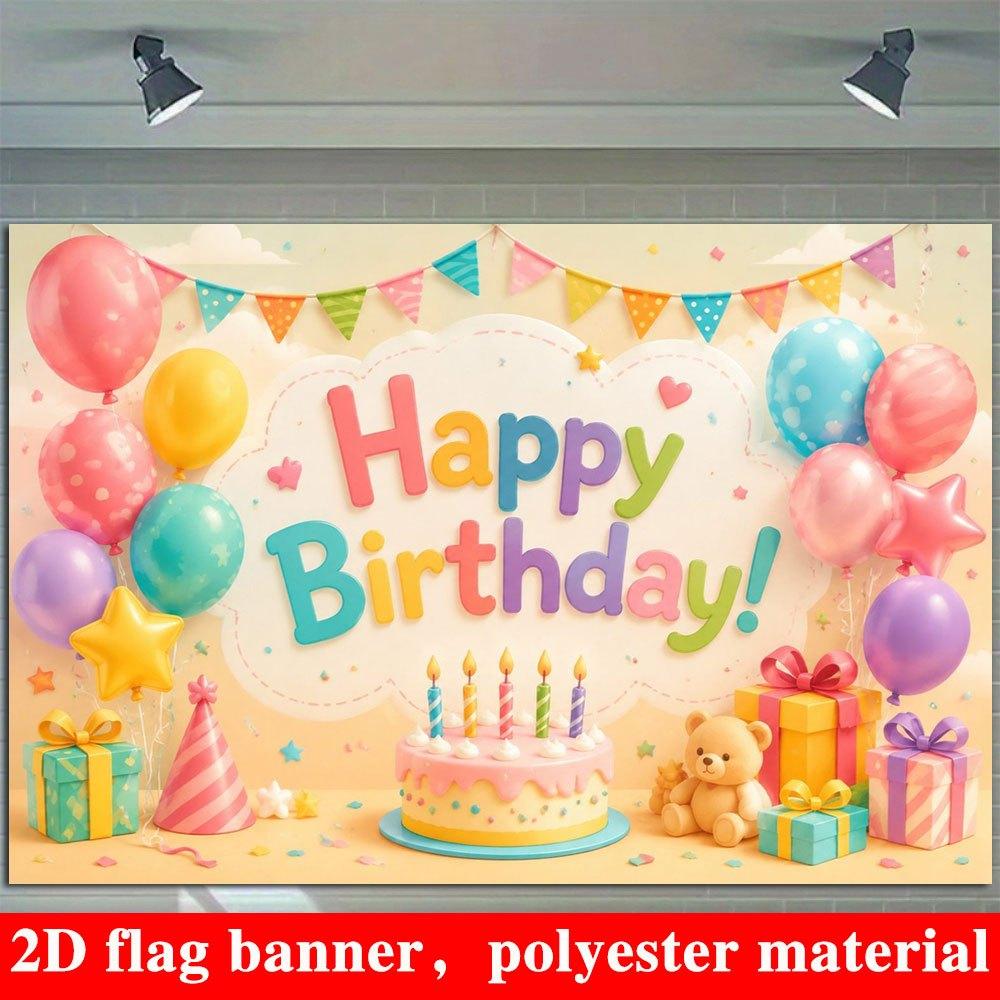 2D Flat Banner, Birthday Backdrop, Cake, Balloons, Gifts, Teddy Bear, Polyester, Photography Background