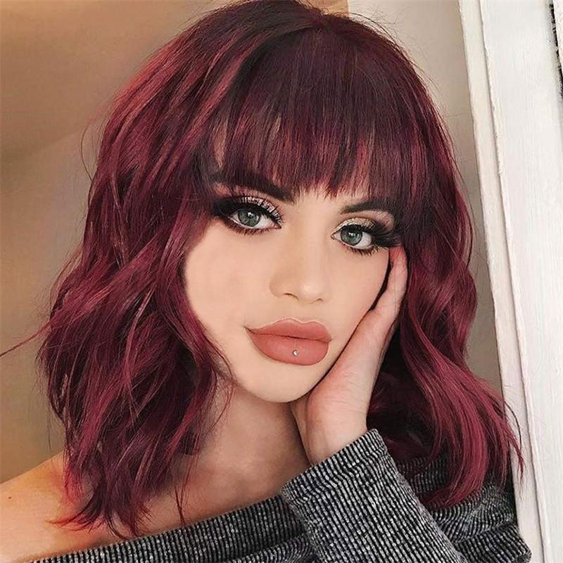 European and American black wig realistic curly hair female broken bangs water ripple short curly hair chemical fiber full head cover Bangs wigs