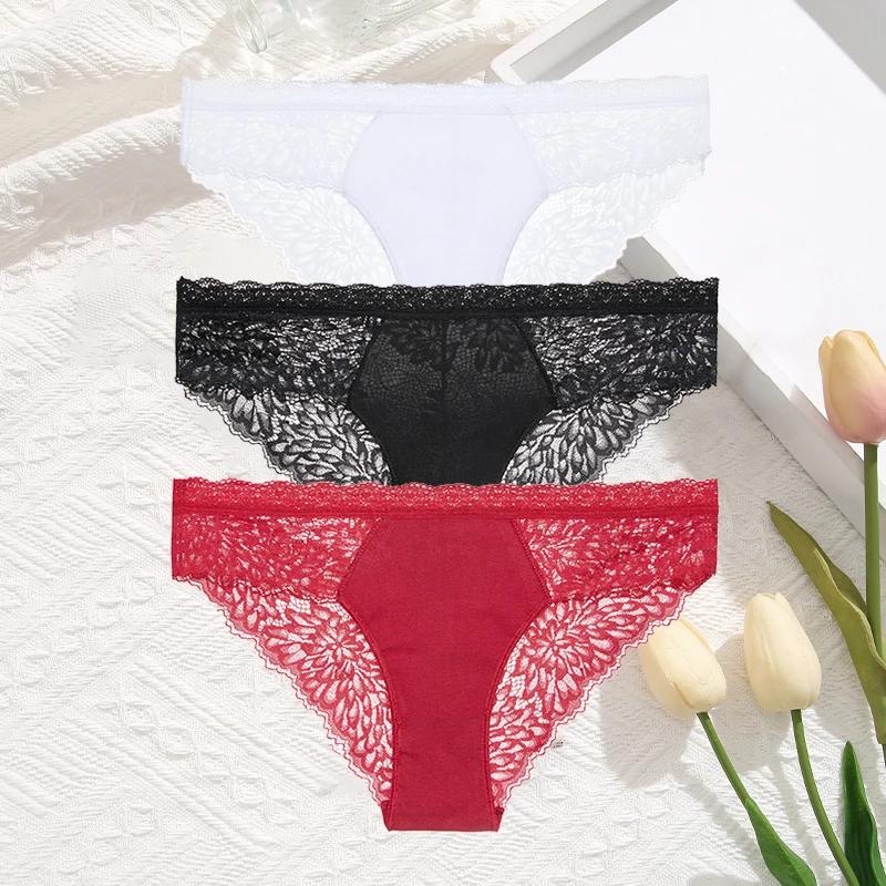 3Pcs/Set Women Sexy Lace Panties Transprant Hollow Out Low Waist Briefs Female Solid Soft Breathable Comfort Underwear Lingerie