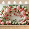 1 piece, 2D flat, elegant pink balloon wreath background, strawberry and flower photography background, wsj