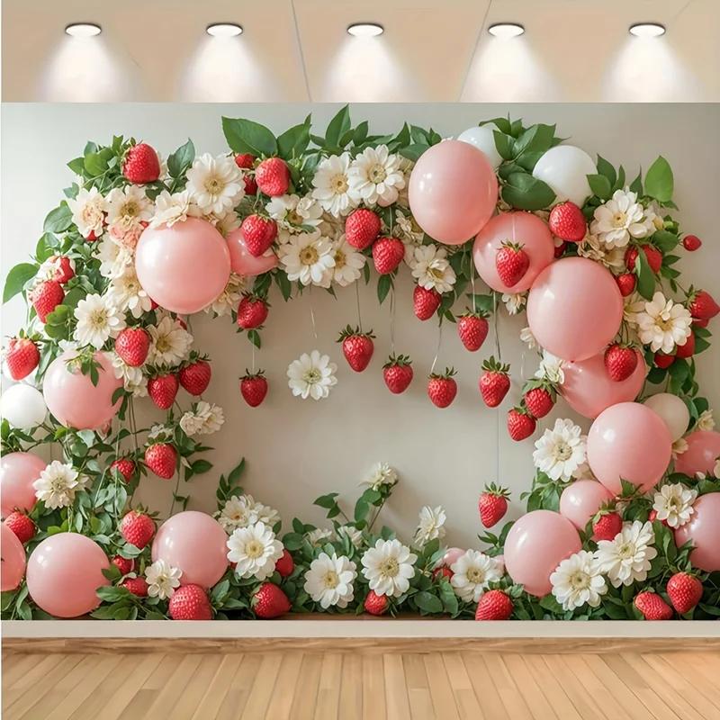 1 piece, 2D flat, elegant pink balloon wreath background, strawberry and flower photography background, wsj