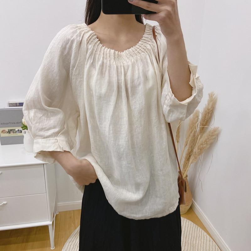 Johnature Весенние льняные рубашки для женщин, винтажные японские свободные женские блузки с воротником с оборками и рукавами три четверти