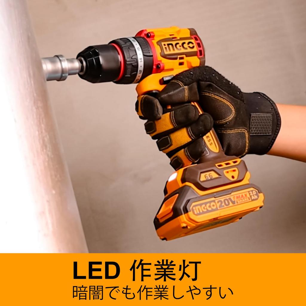 Бесщеточная ударная дрель INGCO 20 В с крутящим моментом 66 Нм 2 аккумулятора по 2,0 Ач и зарядное устройство